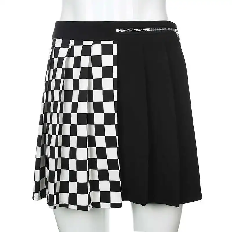 

gothic high waist women pleated mini skirt patchwork ribbons A-line Skirts streetwear solid female party outfits