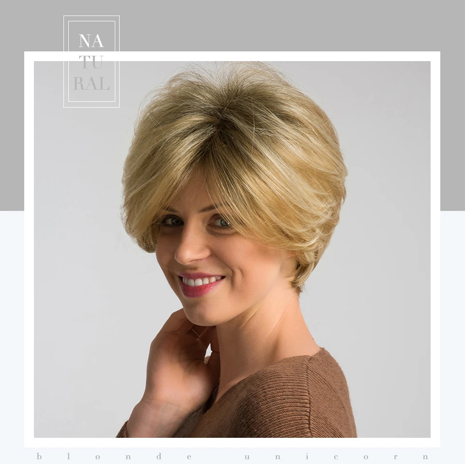 Blonde Unicorn 8 Inch Synthetic Pixie Cut Women Wigs with Natural Bang Fluffy Straight 50% Human Hair Light Brown Short Hair Wig