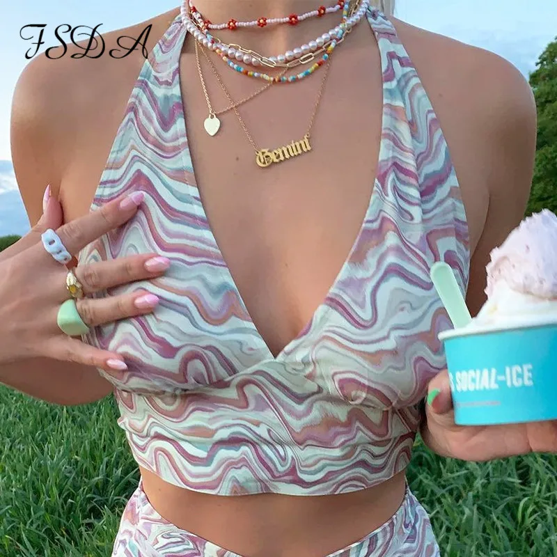 Женский укороченный топ с принтом FSDA Y2K фиолетовый бандажный Топ без рукавов