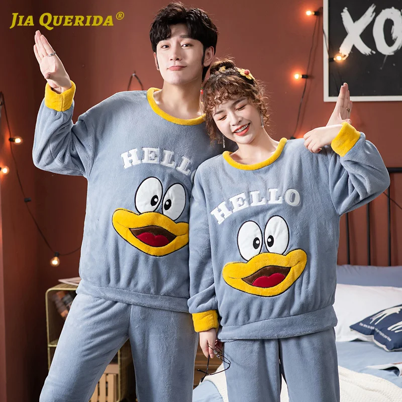 

Crew Neck New Flannel Winter Warm Pyjamas Couple Cartoon Printing Long Sleeve Long Pants Sleepwear Pijamas Set Man and Woman