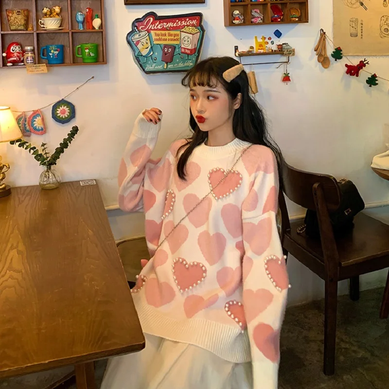 

Korean Style Sweet Kawaii Knitted Sweater Women Sweet Love Printed Pullovers Casual Losse Sweaters 2021 Autumn Women'S Clothing