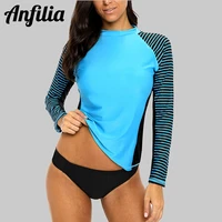 anfilia women long sleeved rashguard swimwear striped rash guards patchwork surfing swimsuits for women running top upf50