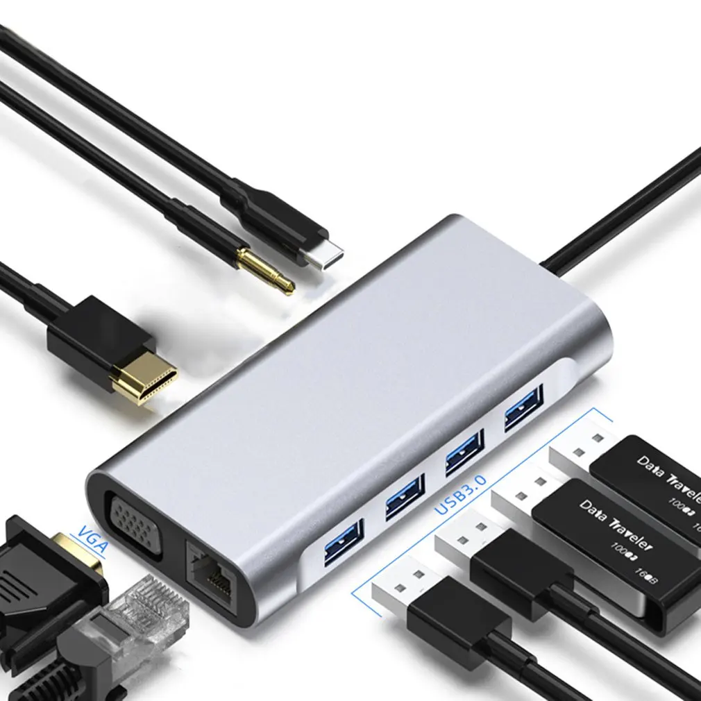 

USB C-хаб на HDMI-совместимый адаптер VGA док-станция 11 в 1 с разъемом 3,5 мм для Macbook Pro/Air M1 Быстрая зарядка USB-разветвитель