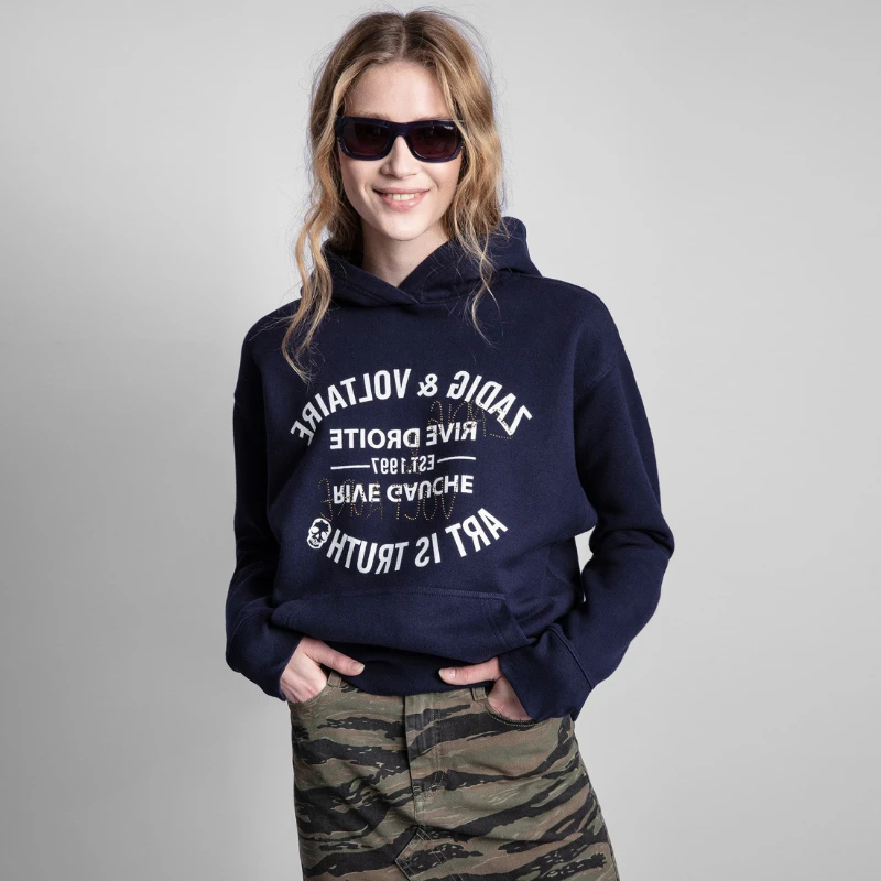 

Женский флисовый свитер с капюшоном, синий хлопковый свитер с капюшоном и надписью, модель Z1 в классическом стиле на осень, 2021