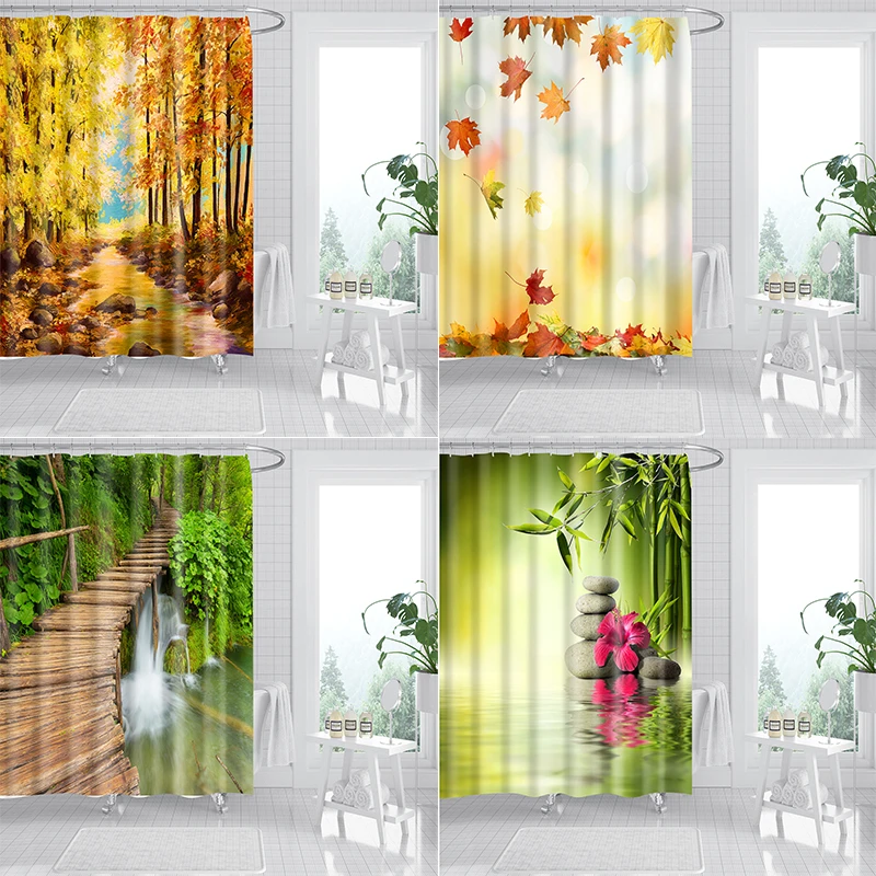 

3d-занавеска для душа из бамбука с красивым лесным ландшафтом, водонепроницаемая занавеска для ванной из полиэстера, набор экранов с крючкам...