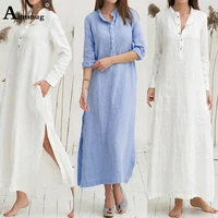 women elegant long maxi shirt dress summer cotton linen mandarin collar party dresses 2020 femme vintage pockets loose dress