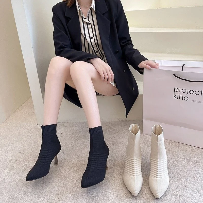 

Ankle boots European and American new pointy knitting thin heel elastic boots fashion high heel fashion boots