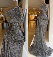 designer grey sparkly prom dresses sequined long sleeves evening dress formal party second reception gowns robe de soir%c3%a9e