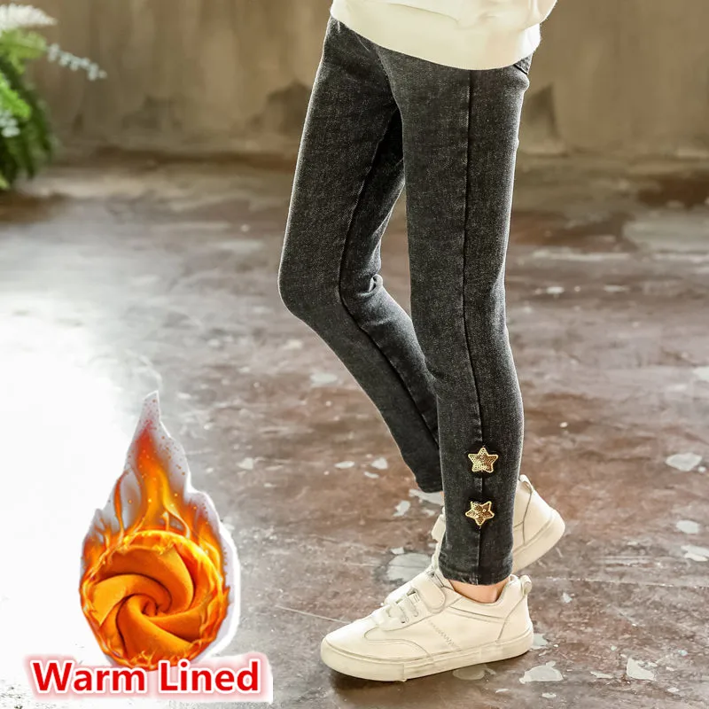 Винтажные детские джинсы из флиса со звездами и блестками для девочек Детские