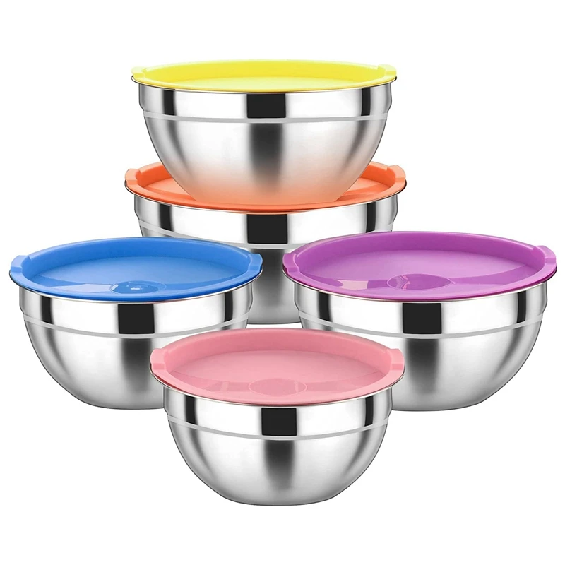 

5Pcs Mixing Salad Bowl with Lids Set, Stainless Steel Salad Bowl with Silicone Bottom Serving Prepping Food Storage