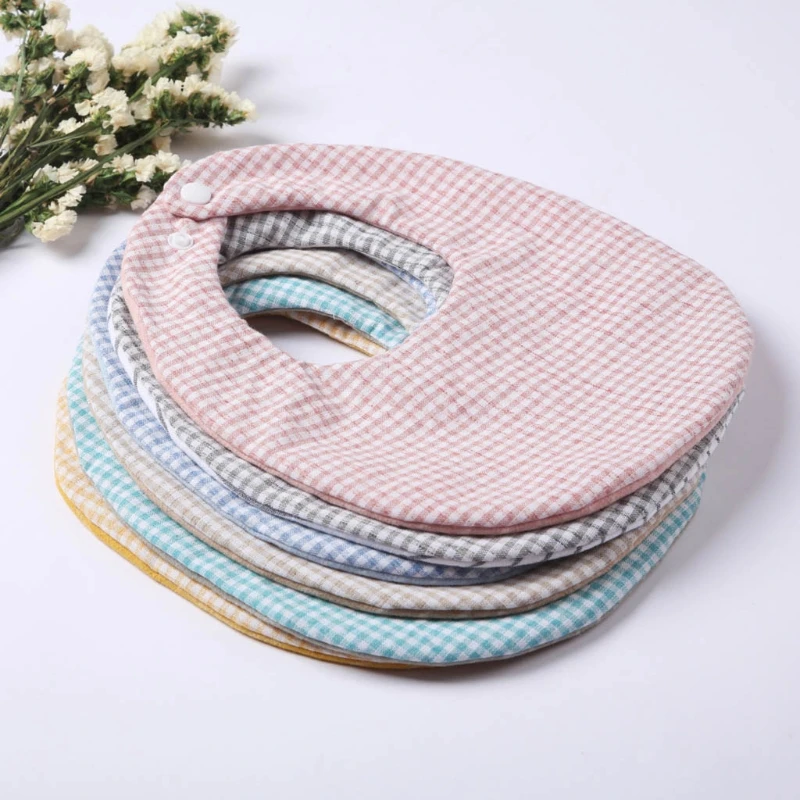 

Baby Linen Cotton Bib Double Sided Lattice Printing Feeding Apron Saliva Towel Bandana Scarf Adjustable Snap Button Burp Cloth