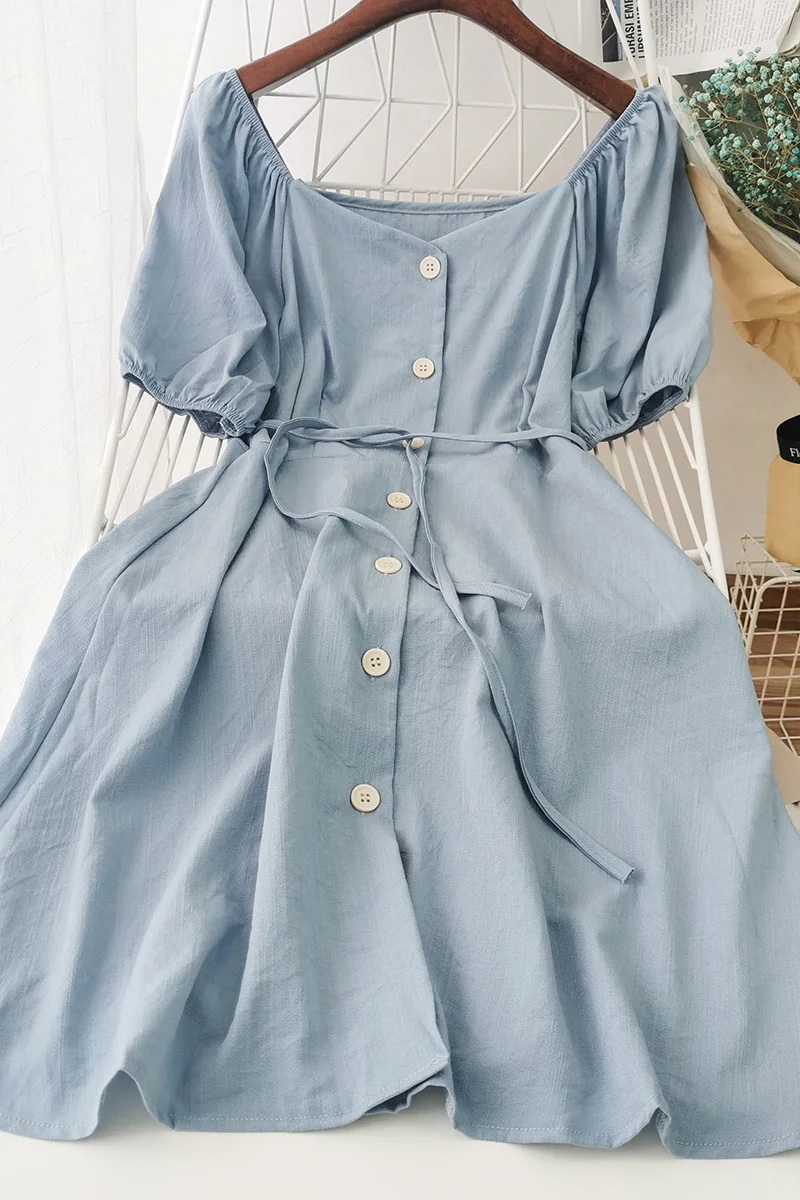 

R373 foreign fashion skirt summer 2020 new bubble sleeve waist strap single breasted girl's dress