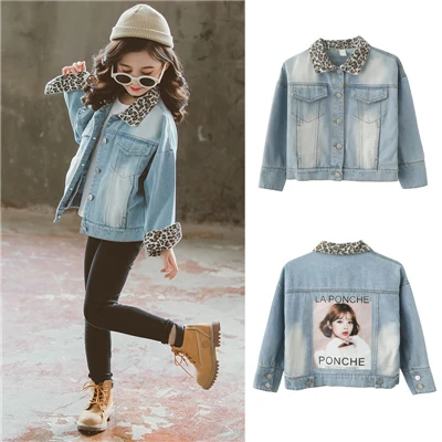 Blue Leopard Детская джинсовая куртка для девочек, детские хлопковые однотонные джинсы с ремешком на спине, верхняя одежда, пальто, одежда для девочек-подростков, джинсовые куртки 10, 12, 14 - Цвет: Blue Leopard