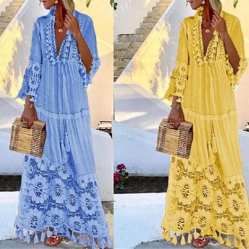 

Wholesale Women's dress Deep V-Neck Solid Color Bohemian lace tassel splicing Party Vestido Robe Over size