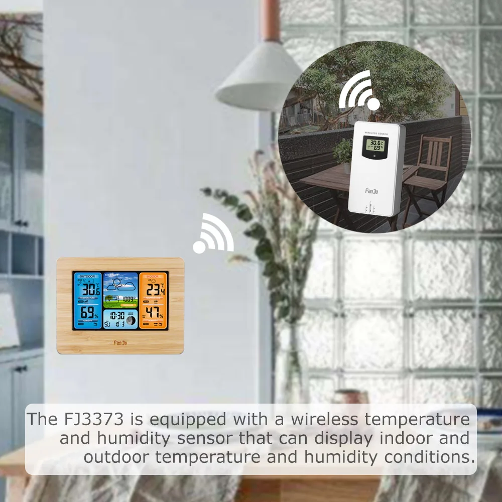 New FJ3373Type Weather Station Digital Thermometer Wireless Hygrometer Sensor Forecast Temperature Watch Wall Desk Alarm Clock |