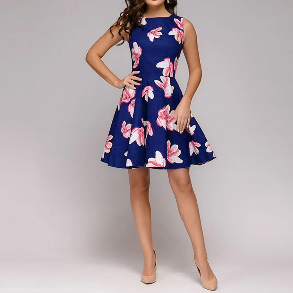 Женское Цветочное платье без рукавов белое элегантное с круглым вырезом и