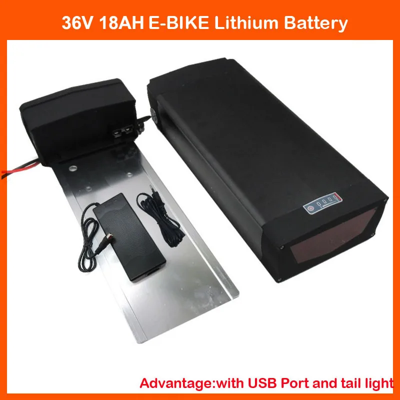 

1000W 36V Ebike Rear Rack Batterie 10S 36V 18AH Lithium 18650 Battery Pack with 5V USB Port tail light 30A BMS 42V 2A Charger