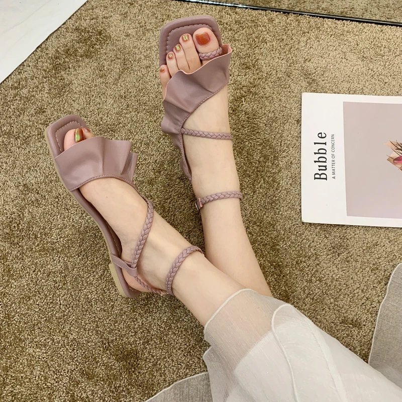 

Roman Sandals Black Shoes for Women 2021 Summer Buckle Strap All-Match Clear Heels Gladiator Beige Low Girls Comfort New Flat