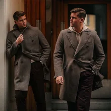 Pardessus épais et chaud pour homme, manteau Long, pied de poule, marron, Double boutonnage, classique, Style anglais, veste sur mesure  (2)