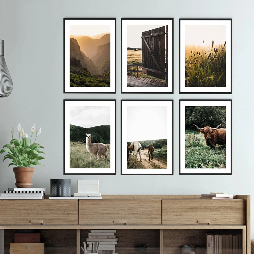 

Natural Scenery Animal Posters Alpaca Cow Wild Horses Prints Canvas Painting Sunset Wall Art Pictures For Bedroom Nordic Decor