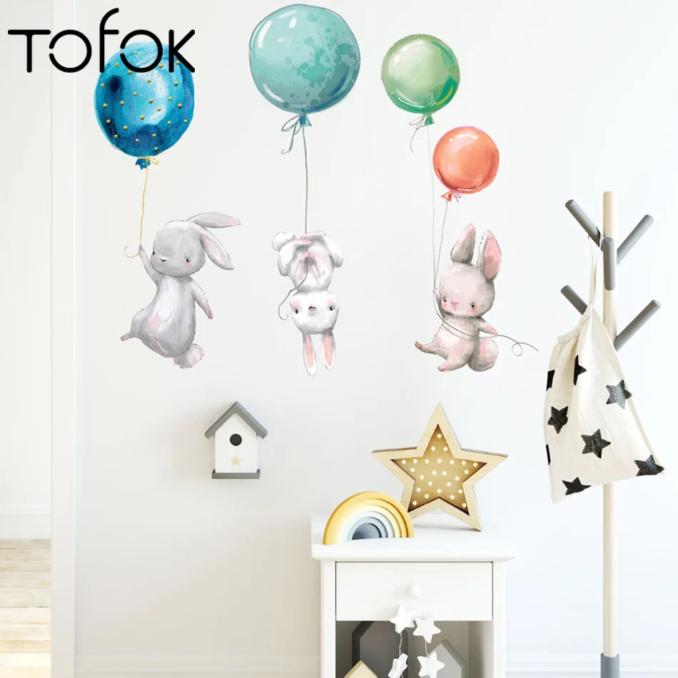 

Tofok Colorful Balloon Rabbits Bedroom Wall Stickers For Kids Room Decoration Grey Bunny Wall Stickers for Nursery Wall Decal