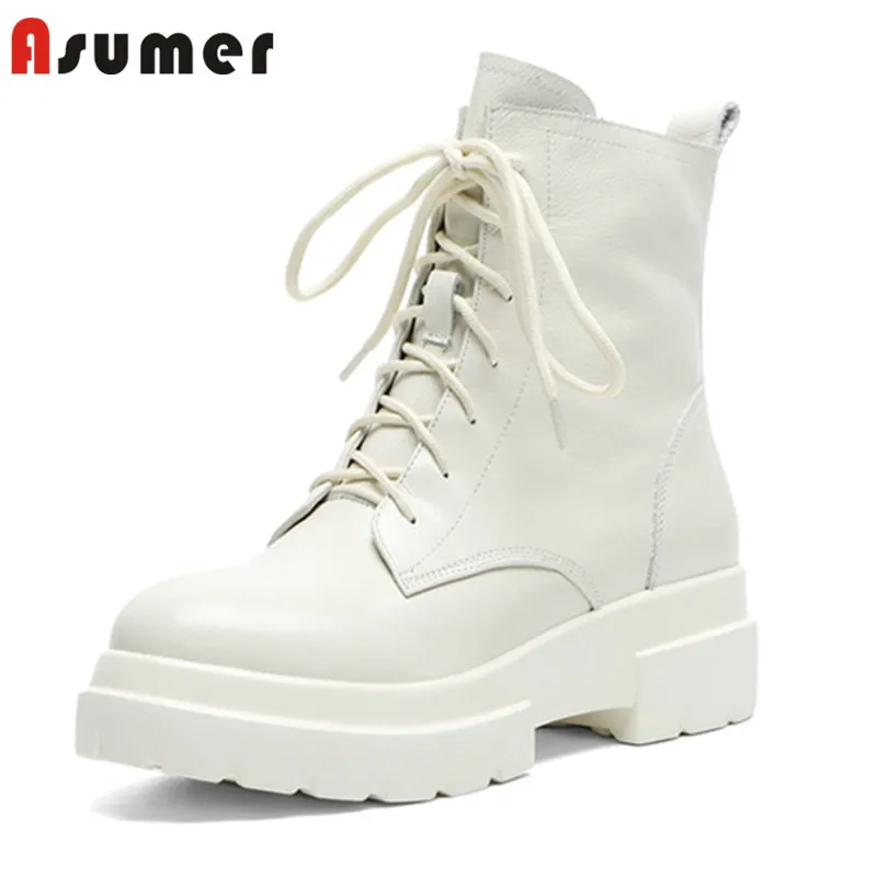 Женские ботильоны из натуральной кожи ASUMER с круглым носком на шнуровке Осень