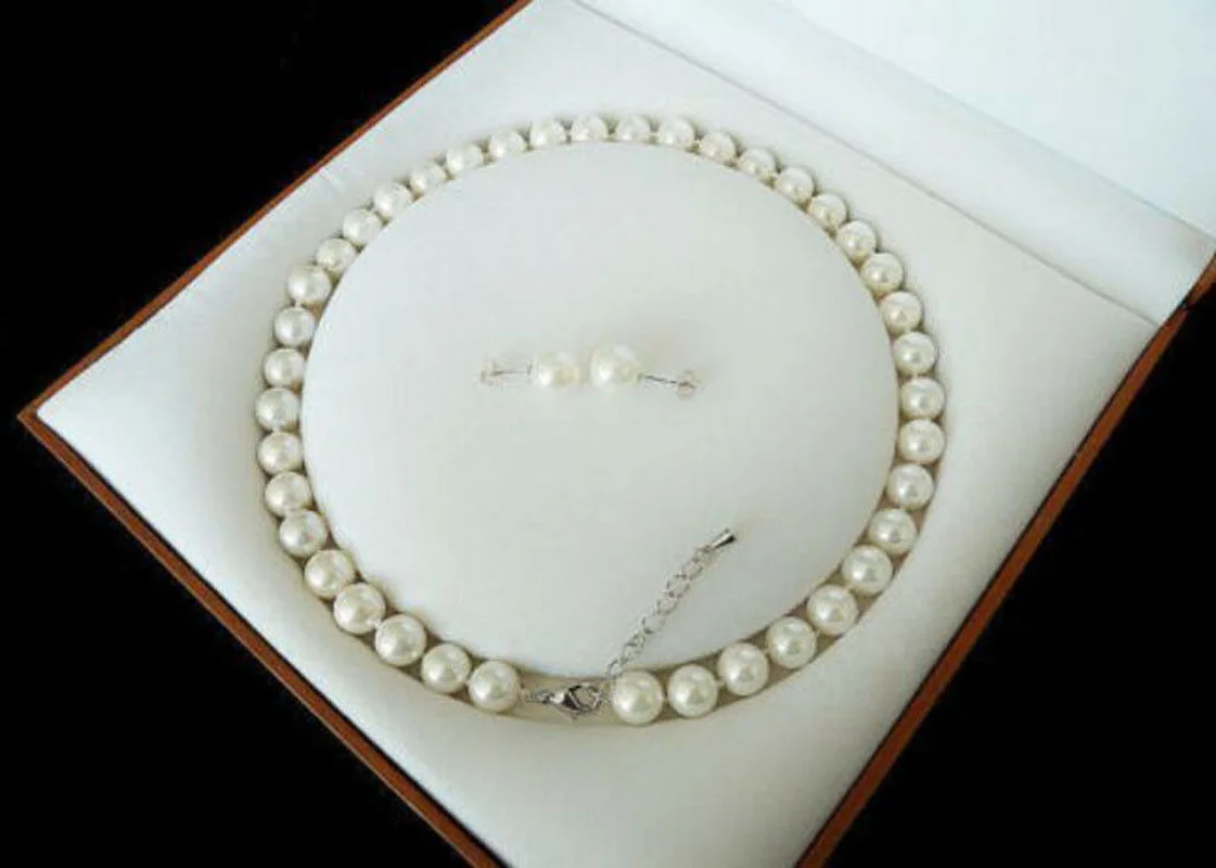 

Fashion 8mm White South Sea Shell Pearl Round Beads Necklace Earrings Set 18" AA
