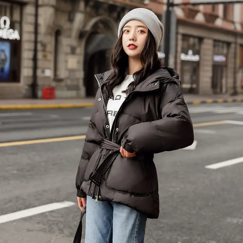 

2021 New Fashion Women Winter Jacket and Coat Solid Parkas Hooded Zipper Single Breasted Korean Fashion Sashes Jacket