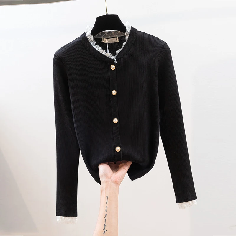 Женский кружевной кардиган свитер с v-образным вырезом и жемчужными пуговицами