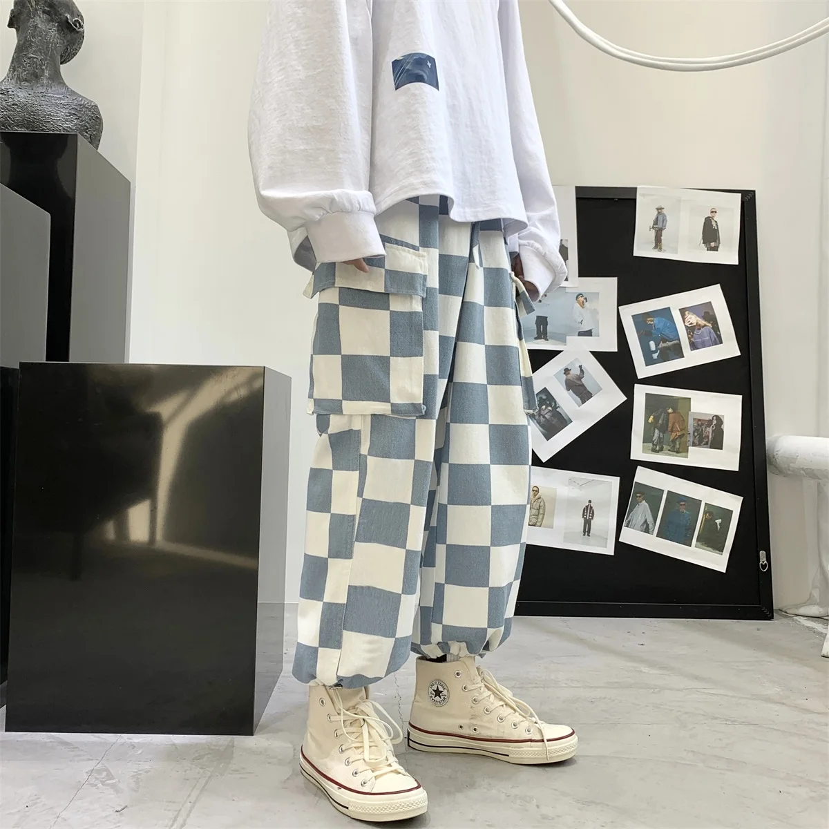 

Men Plaid Pockets Joggers Pants 2021 Mens Black Japanese Streetwear Sweatpants Male Korean Fashions Baggy Sweat Pants