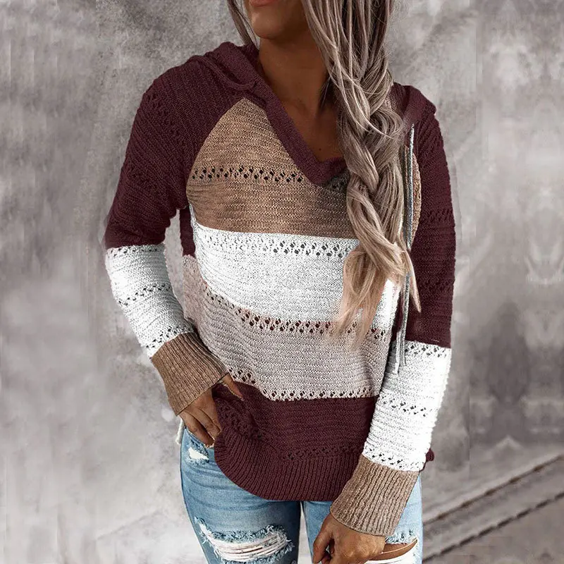 

2020 Autumn and Winter Sweater Women's Sweater Hooded Striped New Contrasting Color Hollow Bottoming Shirt