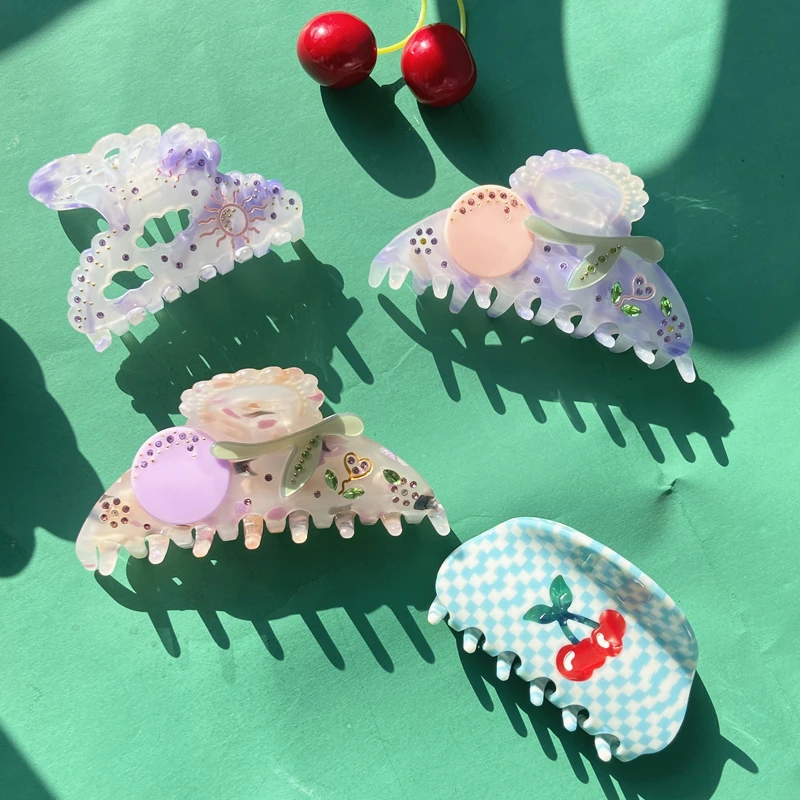 

Красочная каучуковая Шахматная заколка в виде вишни фиолетового синего бабочки, Геометрическая женская заколка для волос HUANZHI