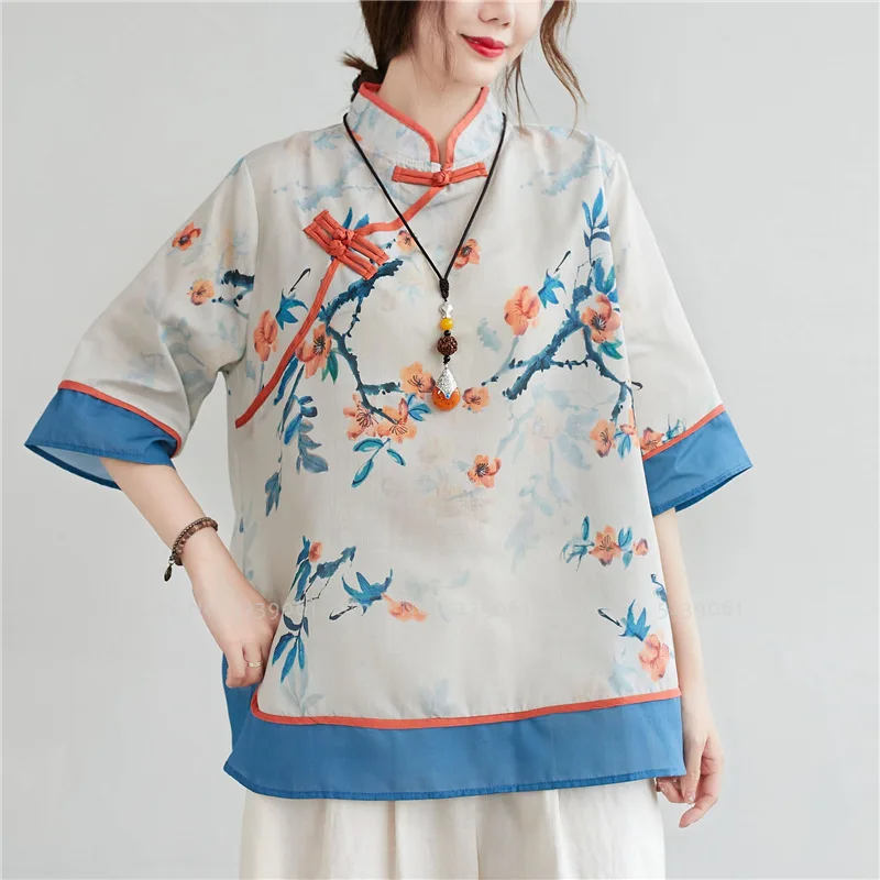 

Women Elegant Qipao Tops Chinese Style Retro Loose Blouse Lady Flower Print Vintage Cheongsam Shirts Oriental Clothing T-shirt
