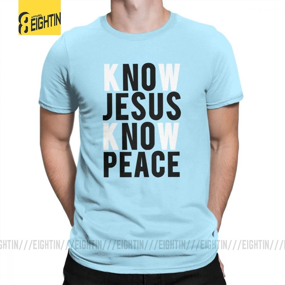 Футболки с надписью «Know Jesus Know Peace Christian», Мужская мягкая футболка с круглым вырезом, хлопок, брендовая футболка с коротким рукавом размера плюс, специальное предложение - Цвет: Небесно-голубой