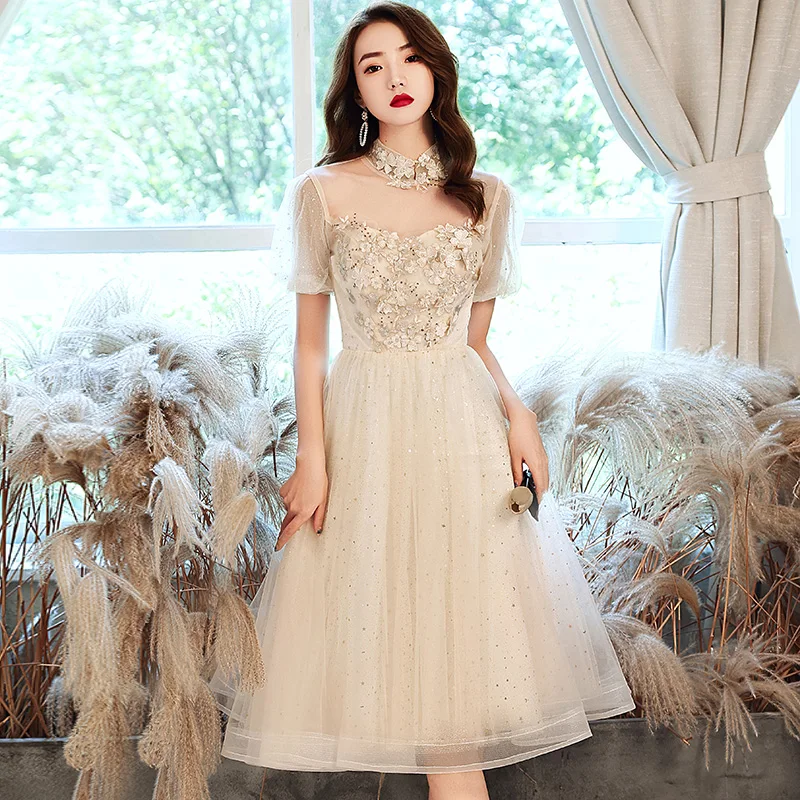 

2021 New Beading Appliques Evening Dresses Long A-Line High Collar Princess Evening Gown Short Sleeve Fashion Tulle Formal Dress