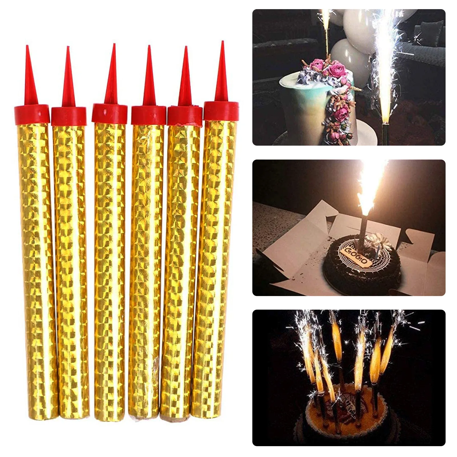 

6pcs/lot Surprise Creative Straight Barrel Golden Champagne Fire-work Magic Wand Burning Candle Cake Decoation Party Supply 2021