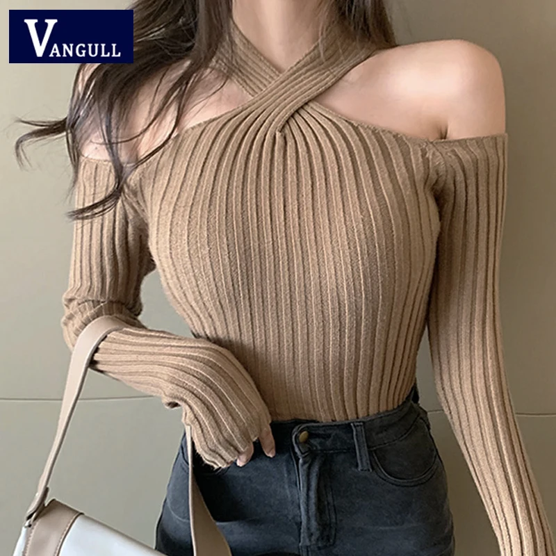 

Vangull Sexy Knitted Sweater Tops Women Short Jumper Off Shoulder Long Sleeve Pullovers Spring Autumn Korean Base Crop Sweater