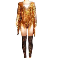 gold rhinestones long tassel jumpsuit backless long sleeve bodycon women party evening costume nightclub performance costume