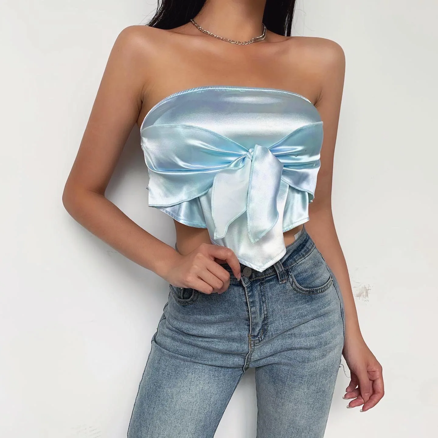 

UETEEY silk tube tops women bow crop top asymmetric strapless stretch backless summer 2020 elegant casual streetwear tank tops