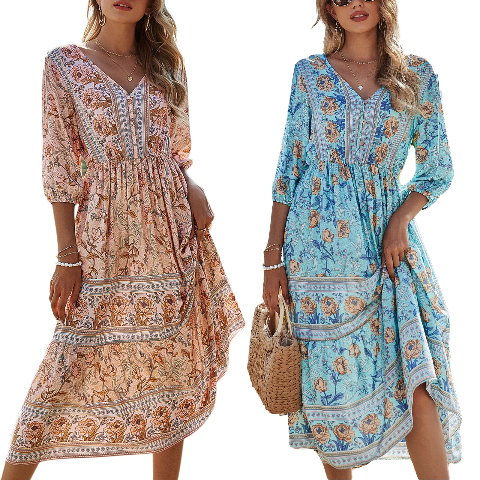 

Женское платье-трапеция с высокой талией, длинное пляжное платье в богемном стиле с цветочным принтом, V-образным вырезом и рукавом до локтя,...