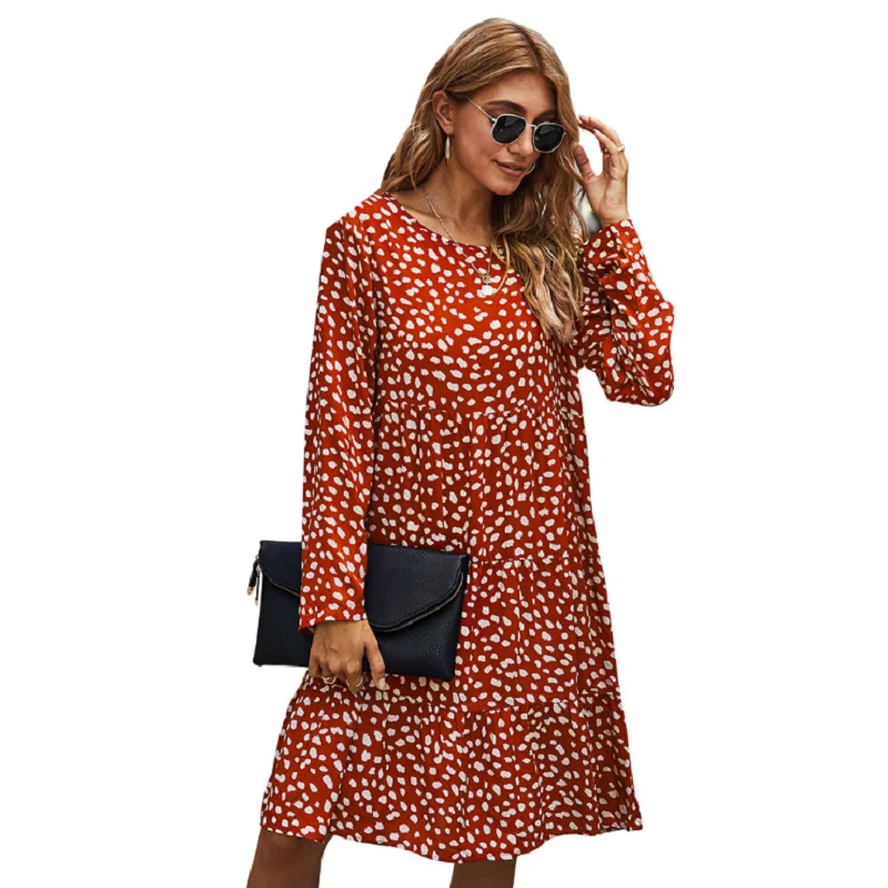 

2020 New Casual Dresses For Women Autumn Floral Print Elegant Office Dress Vintage O Neck Long Sleeve Knee-Length Dress Femme