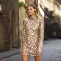 yalin champagne sequin cocktail dresses mini length long sleeves proml gowns illusion high neck backless vestidos de fiesta