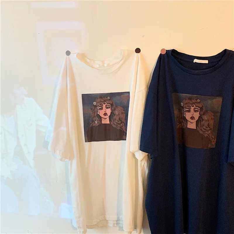 

T-shirts Women Vintage Leisure Loose Fashion Summer Harajuku All-match Print Ulzzang O-neck Breathable Simple Female Tees Ins