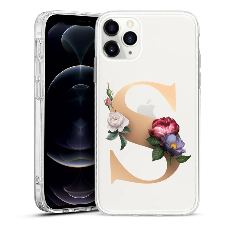 

Gold 26 English Alphabet Flower Clear Phone Cover Case For iPhone 12 Pro MAX 11 Pro Max XR XS X10 mini Silicone TPU Cases Copue