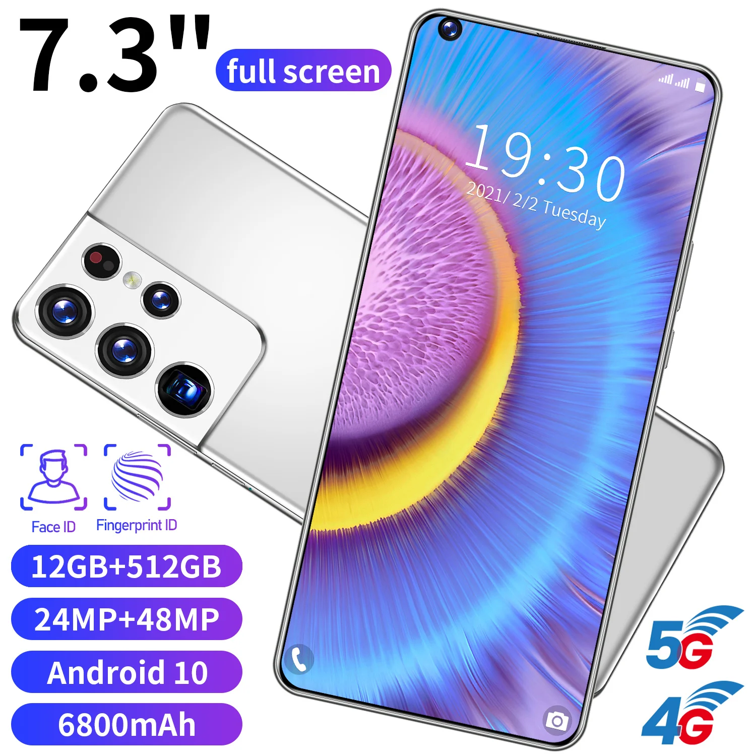 

S21 Ultra Smartphone 7.3 Inch 6800mah Dual SIM 4G 5G Android 10.0 24MP+ 48MP 12GB+ 512GB Face wake Global Version Network Phone