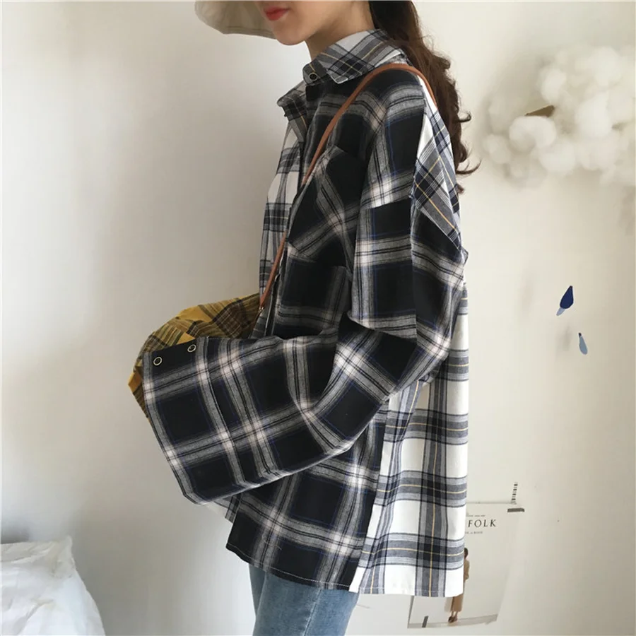 BTS клетчатая рубашка Женская хлопковая Лоскутная Повседневная Блузка с длинным