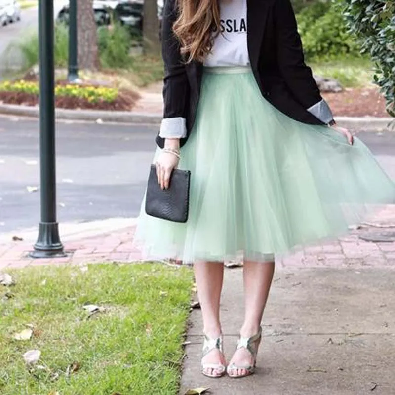 Mint Green Mid Calf Tulle Skirts For Women Fashion 2020 Spring 5 Layers Tulle With 1 Lining Tutu Skirt Custom Made Lady Bottom