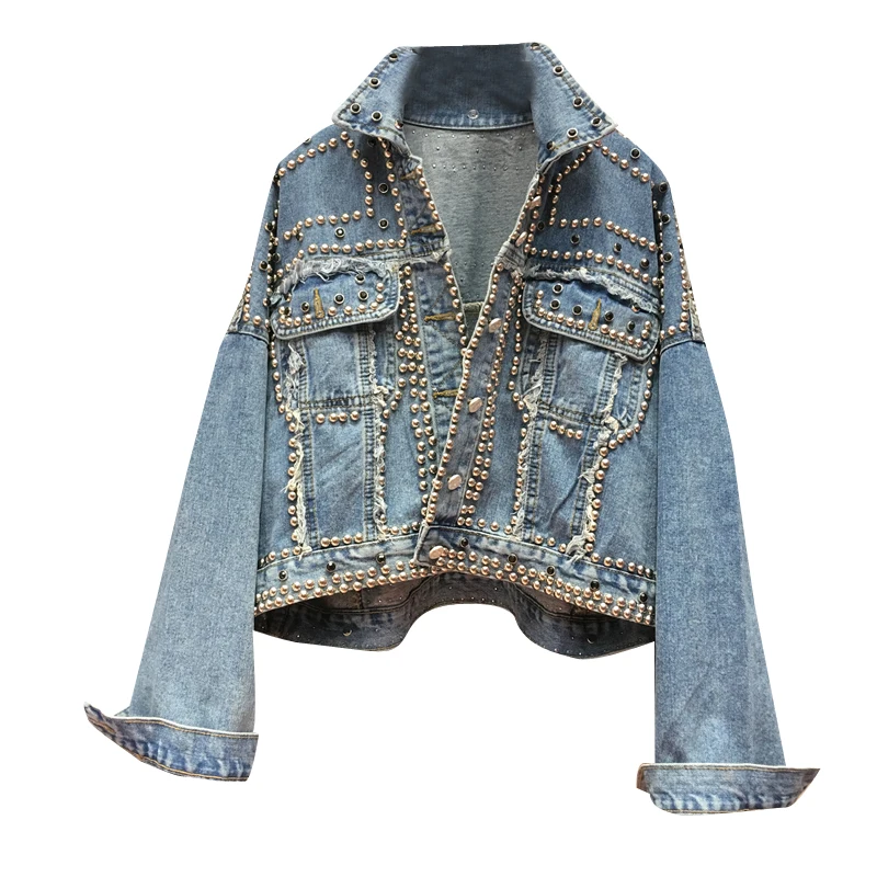 Женская джинсовая куртка с бисером укороченная свободного кроя в стиле ретро