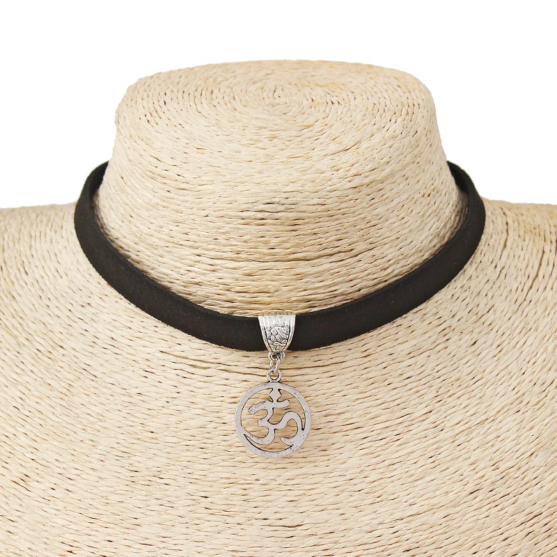 

Black 10mm Flat Faux Suede Cord OM AUM Symbol Yoga Charm Choker Necklace 13inch