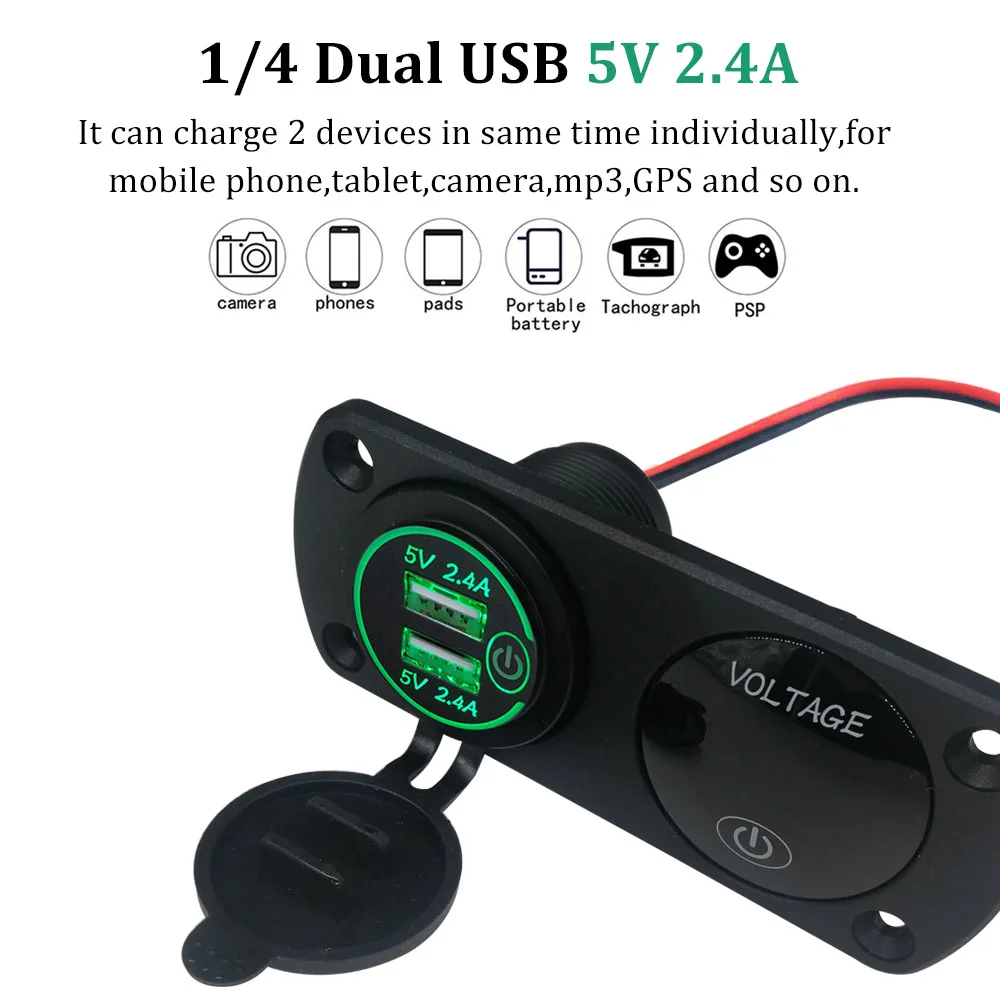 Водонепроницаемый 24 Вт двойной 2.4A USB зарядное устройство розетка Напряжение метр